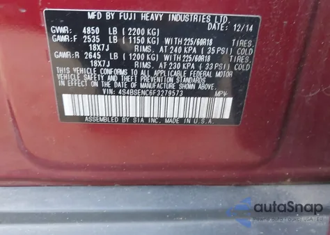 2015 Subaru Outback 3.6R Limited from USA, damaged, VIN 4S4BSENC6F3279573